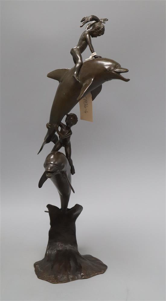 James Osborne (1940-1992). A bronze group of children riding dolphins, signed and dated 11/2000 height 54cm excl. stand